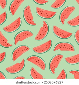 Juicy watermelon slices seamless pattern. Summer fruit flat vector illustration. Tropical fruit background for baby fabric, kids textile, packaging, wrapping, scrapbook, wallpaper.