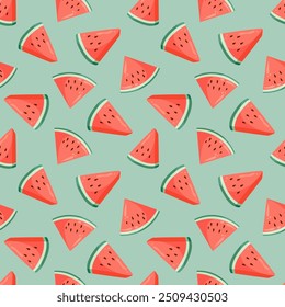 Juicy watermelon slices seamless pattern. Summer fruit flat vector illustration. Tropical fruit background for baby fabric, kids textile, packaging, wrapping, scrapbook, wallpaper.