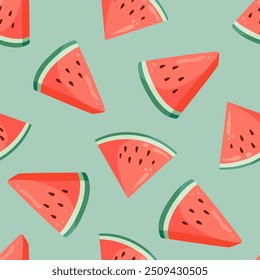 Juicy watermelon slices seamless pattern. Summer fruit flat vector illustration. Tropical fruit background for baby fabric, kids textile, packaging, wrapping, scrapbook, wallpaper.