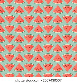 Juicy watermelon slices seamless pattern. Summer fruit flat vector illustration. Tropical fruit background for baby fabric, kids textile, packaging, wrapping, scrapbook, wallpaper.