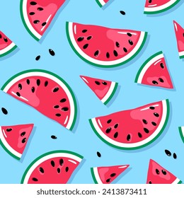 Juicy watermelon slices with seeds seamless pattern. Tropical summer fruit, berries background. Bright vector drawing