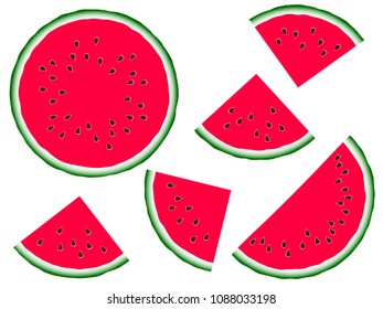 Juicy watermelon slices set vector print illustration. Organic food element for summer diet. Simple red and green water melon fruit. Vector dessert nutrition watermelon berry with black seeds.