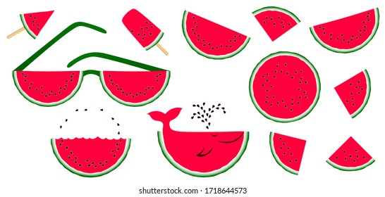 Juicy watermelon slices set vector print illustration. Organic food elements for summer diet. Dessert nutrition watermelon berry, black seeds. Sunglasses, ice cream, whale, fish jumping out of water