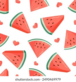 Saftige Wassermelonenscheiben und kleine Herznahtlose Muster. Sommerfrucht flache Vektorillustration. Tropischer Fruchthintergrund für Babygewebe, Kindertextil, Verpackung, Verpackung, Scrapbook, Bildschirmhintergrund.