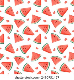 Juicy watermelon slices and small hearts seamless pattern. Summer fruit flat vector illustration. Tropical fruit background for baby fabric, kids textile, packaging, wrapping, scrapbook, wallpaper.