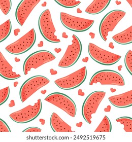 Juicy watermelon slices with small hearts seamless pattern. Summer fruit vector illustration. Tropical fruit background for Valentines day, baby fabric, kids textile, packaging, wrapping, scrapbook.