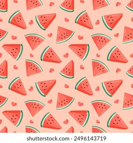 Juicy watermelon slices and small hearts seamless pattern. Summer fruit flat vector illustration. Tropical fruit background for baby fabric, kids textile, packaging, wrapping, scrapbook, wallpaper.