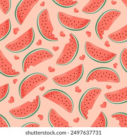 Juicy watermelon slices with small hearts seamless pattern. Summer fruit vector illustration. Tropical fruit background for Valentines day, baby fabric, kids textile, packaging, wrapping, scrapbook