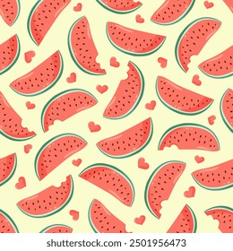 Juicy watermelon slices with small hearts seamless pattern. Summer fruit vector illustration. Tropical fruit background for Valentines day, baby fabric, kids textile, packaging, wrapping, scrapbook