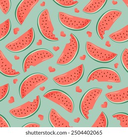 Juicy watermelon slices with small hearts seamless pattern. Summer fruit vector illustration. Tropical fruit background for Valentines day, baby fabric, kids textile, packaging, wrapping, scrapbook