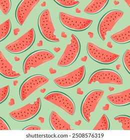 Juicy watermelon slices with small hearts seamless pattern. Summer fruit vector illustration. Tropical fruit background for Valentines day, baby fabric, kids textile, packaging, wrapping, scrapbook