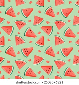 Juicy watermelon slices and small hearts seamless pattern. Summer fruit flat vector illustration. Tropical fruit background for baby fabric, kids textile, packaging, wrapping, scrapbook, wallpaper.