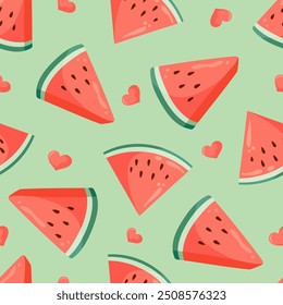 Juicy watermelon slices and small hearts seamless pattern. Summer fruit flat vector illustration. Tropical fruit background for baby fabric, kids textile, packaging, wrapping, scrapbook, wallpaper.