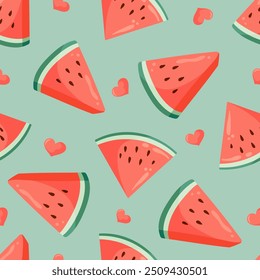 Juicy watermelon slices and small hearts seamless pattern. Summer fruit flat vector illustration. Tropical fruit background for baby fabric, kids textile, packaging, wrapping, scrapbook, wallpaper.