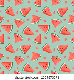 Juicy watermelon slices and small hearts seamless pattern. Summer fruit flat vector illustration. Tropical fruit background for baby fabric, kids textile, packaging, wrapping, scrapbook, wallpaper.