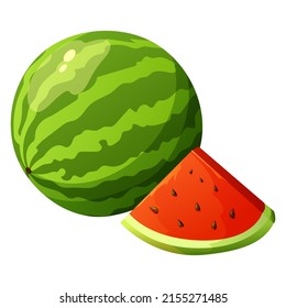 Juicy watermelon. Summer fruit. Sliced piece of watermelon. Vector illustration isolated on white background.