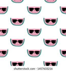 Juicy watermelon in sunglasses. Vector seamless pattern with lettering in Doodle style.
