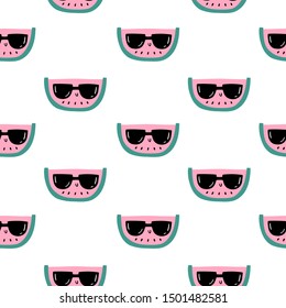 Juicy watermelon in sunglasses. Vector seamless pattern with lettering in Doodle style.
