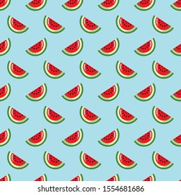 Juicy watermelon. Tasty berry slice. Cut in half. Minimalistic icon. Colorful graphic vector seamless pattern. Cartoon style, simple flat design. Trendy illustration. Equal interval. Blue background