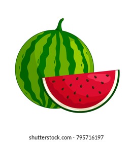 Juicy watermelon the whole and cut-off piece nearby. Watermelon, vector icon