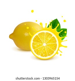 juicy whole lemon and half lemon on white background