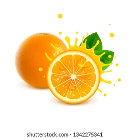 juicy whole orange and half orange on white background