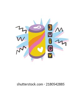 Juicy. Y2K. Funny cartoon illustration. Vector quote. Comic element for sticker, poster, graphic tee print, bullet journal cover, card. 1990s, 1980s, 2000s style. Bright colors