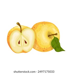 Jugosa manzana amarilla y trozos maduros de fruta. Gráficos de Vector.