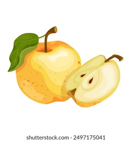 Jugosa manzana amarilla y trozos maduros de fruta. Gráficos de Vector.