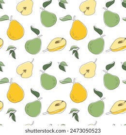 Juicy yellow and green pear fruits. Seamless pattern background. Hand drawn line vector illustration. Pattern for modern design of fabric, wallpaper, stationery, textile