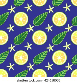 Juicy yellow lemon fruit slices and flowers and leaf. Seamless vector print pattern illustration on blue background.