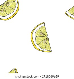 Juicy yellow lemon slices on a white background. Vector seamless pattern. Design for card, print, fabric, wrapping. Doodle style. Tasty and healthy food.