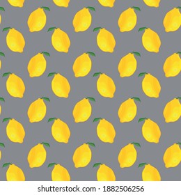 Juicy yellow lemons with a leaf on a gray background seamless