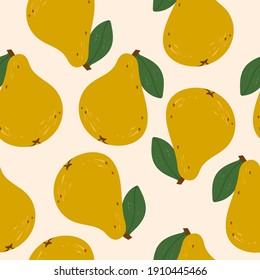 Juicy yellow Pears, green leaves. Fresh tasty fruits. Hand drawn colored Vector illustration. Square seamless Pattern. Background, wallpaper. Perfect for textile prints, posters or wrapping paper