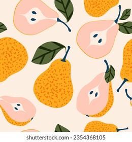 Peras amarillas jugosas. El ambiente tropical veraniego con frutas crea un patrón sin fisuras para telas y textiles modernos. Vector.