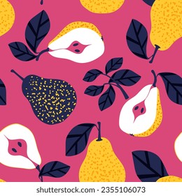 Juicy yellow pears. A summer tropical vibe with fruits creates a seamless pattern for modern fabrics and textiles with a bright purplish pink fuchsia backdrop. Vector.