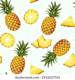 Jugosa piña amarilla entera y rebanadas de Plantilla sin fisuras con frutas exóticas. Frutas tropicales. Comida dulce vegetariana natural y saludable. Fondo de Vector para la tela, impresión, embalaje, papel de embalaje