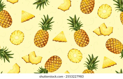 Jugosa piña amarilla entera y rebanadas de Plantilla sin fisuras con frutas exóticas. Frutas tropicales. Comida dulce vegetariana natural y saludable. Fondo de Vector para la tela, impresión, embalaje, papel de embalaje