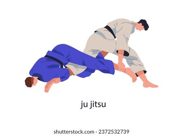 Ju-Jitsu-Kämpfer im Kampf, Kampf. Jujutsu, japanische Kampfkunst. Jiu-jitsu kämpft, ringt in Angriffen und verteidigt Positionen. Flache Vektorgrafik einzeln auf weißem Hintergrund