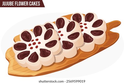 Jujube Paste Flower Cakes Served on Wooden Tray, Chinese Beijing Special Lunar New Year Sweets 