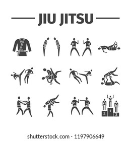 Jujutsu martial art icons. Vector sports signs.