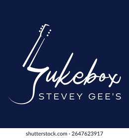 Jukebox Branding with White Guitar Silhouette and Elegant Script Font Set Against a Dark Blue Background for a Modern Aesthetic