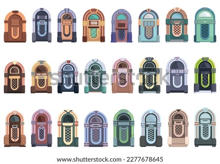 Jukebox icons set cartoon vector. Dance machine. Disco music