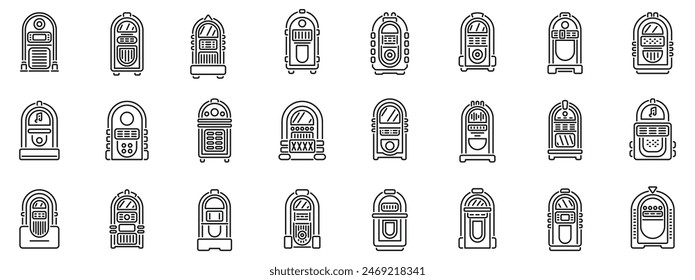 Jukebox icons set vector. A collection of vintage jukeboxes are shown in a row. The jukeboxes are all different sizes and styles, but they all have a retro, nostalgic feel to them