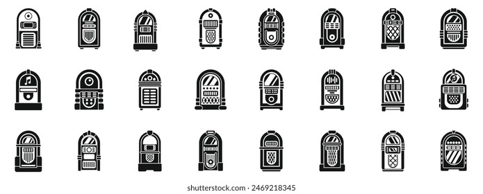 Jukebox icons set vector. A collection of vintage jukeboxes in black and white. The jukeboxes are all different shapes and sizes, but they all have a retro, nostalgic feel to them