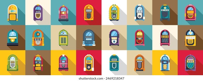 Jukebox icons set vector. A row of colorful jukeboxes with a variety of designs and colors. The jukeboxes are arranged in a grid pattern, with some of them being larger than others