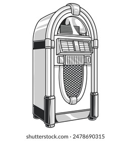 Jukebox for shopping center monochrome sticker with equipment for entertaining visitors who want to choose music to play vector illustration