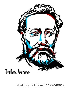 Jules Verne engraved vector portrait with ink contours. French novelist, poet, and playwright.