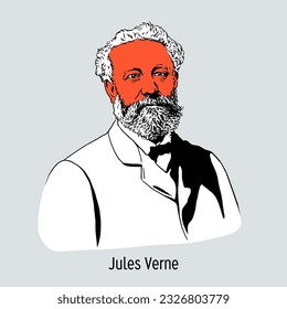 Julio Verne es un escritor francés, clásico de la literatura aventurera, uno de los fundadores del género de la ciencia ficción. Ilustración vectorial dibujada a mano.