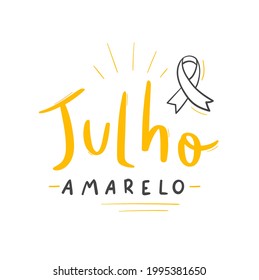 Julho amarelo. Julio Amarillo. Calligrafía portuguesa brasileña de letras de mano para el mes de toma de conciencia de la hepatitis viral. Vector.